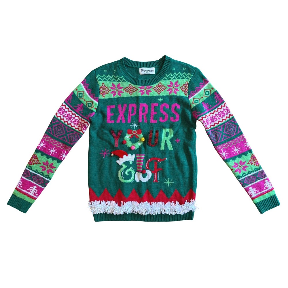 NEW Express Your Elf Novelty Christmas Sweater Green Pink Fair Isle Medium